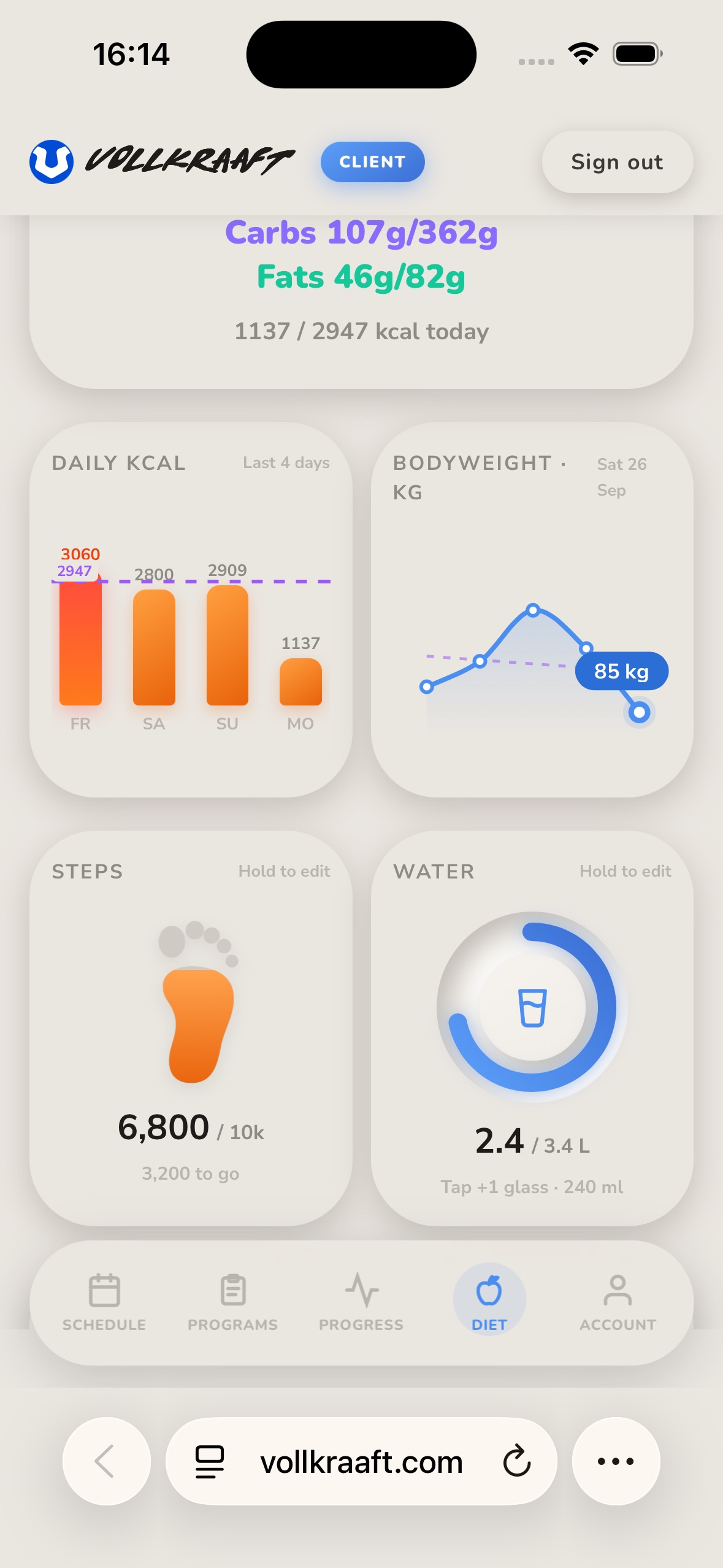 An easy-to-use nutrition system in the Vollkraaft app